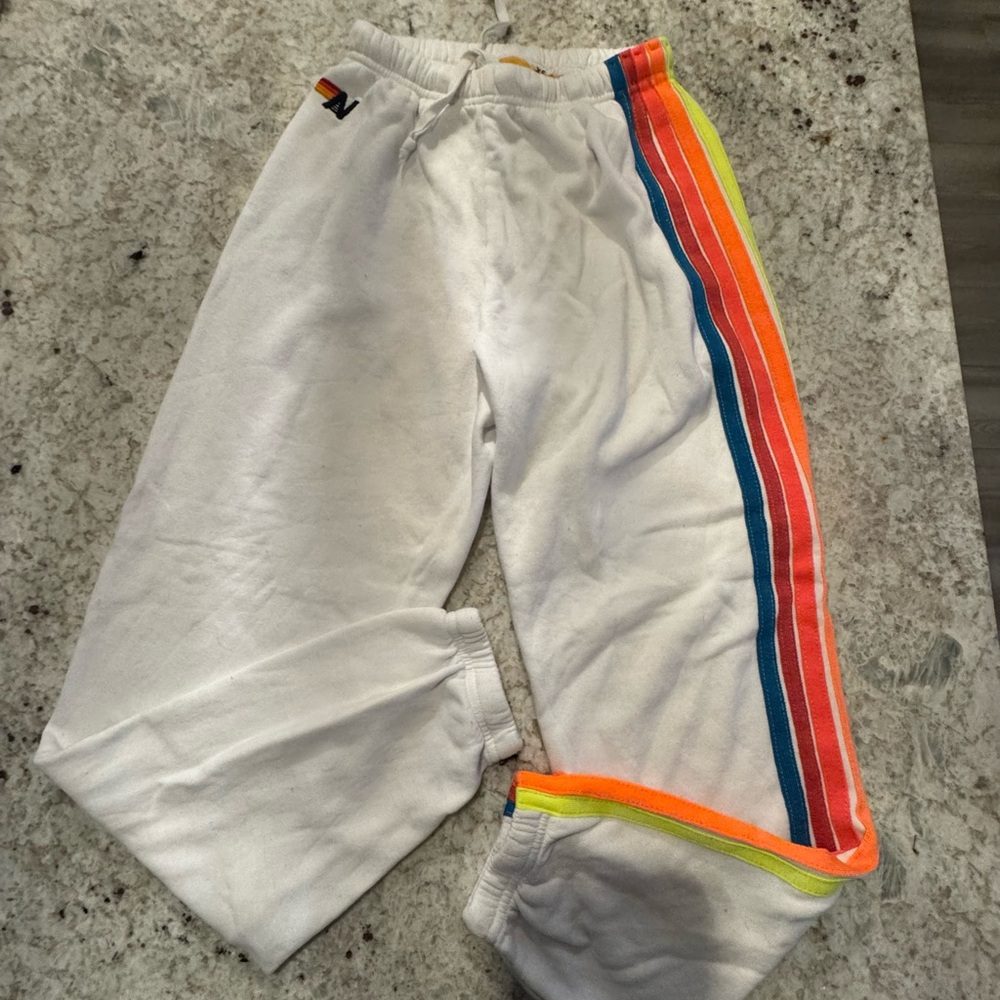 Aviator Nation White Sweatpants with Rainbow Stripes